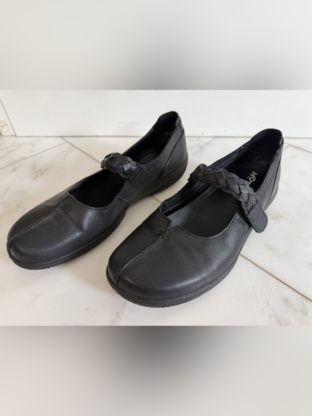 Hotter Women’s 8.5 black leather braided strap comfort walking Mary Jane shoes